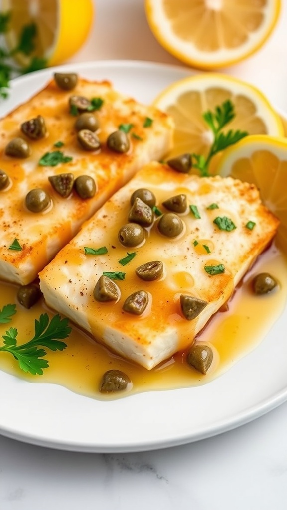 Pan-seared cod with lemon caper sauce, garnished with parsley and lemon wedges on a white plate.